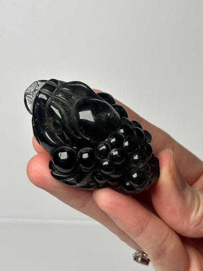 Black Rutile Money Frog Carving | Quartz with Dark Rutile Inclusions | Three Legged Toad Figurine for Collectors Display Decor