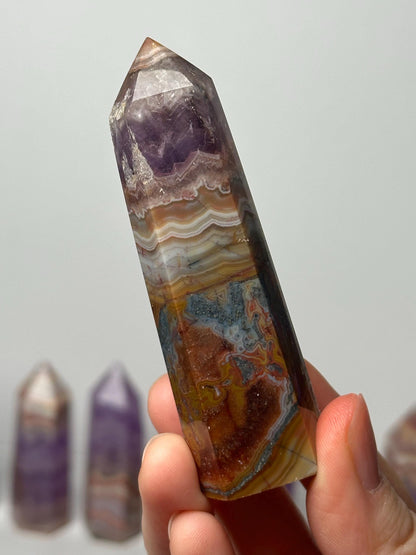 Amethyst Tower with Crazy Lace Agate - YOU PICK | Natural Purple Quartz Crystal Point | Banded Stone Mineral Specimen Collectors Decor