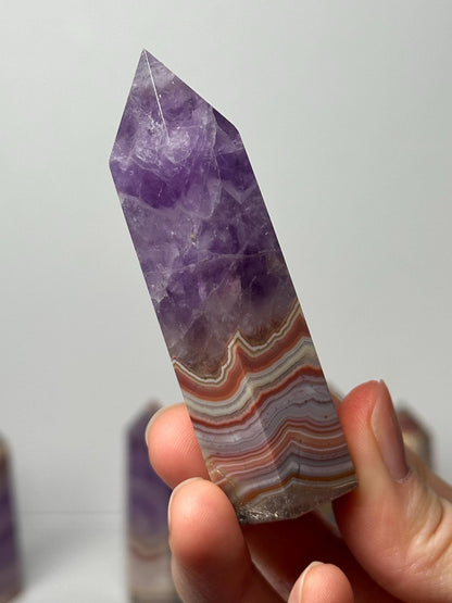 Amethyst Tower with Crazy Lace Agate - YOU PICK | Natural Purple Quartz Crystal Point | Banded Stone Mineral Specimen Collectors Decor