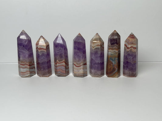 Amethyst Tower with Crazy Lace Agate - YOU PICK | Natural Purple Quartz Crystal Point | Banded Stone Mineral Specimen Collectors Decor