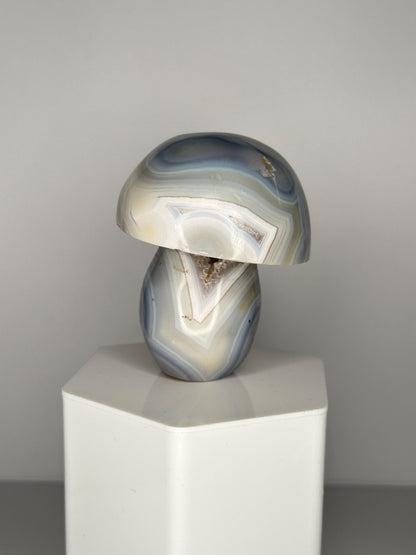 Orca Banded Agate Mushroom | Natural Banded Agate Crystal Carving | Polished Mineral Specimen for Collectors Display Decor Accent