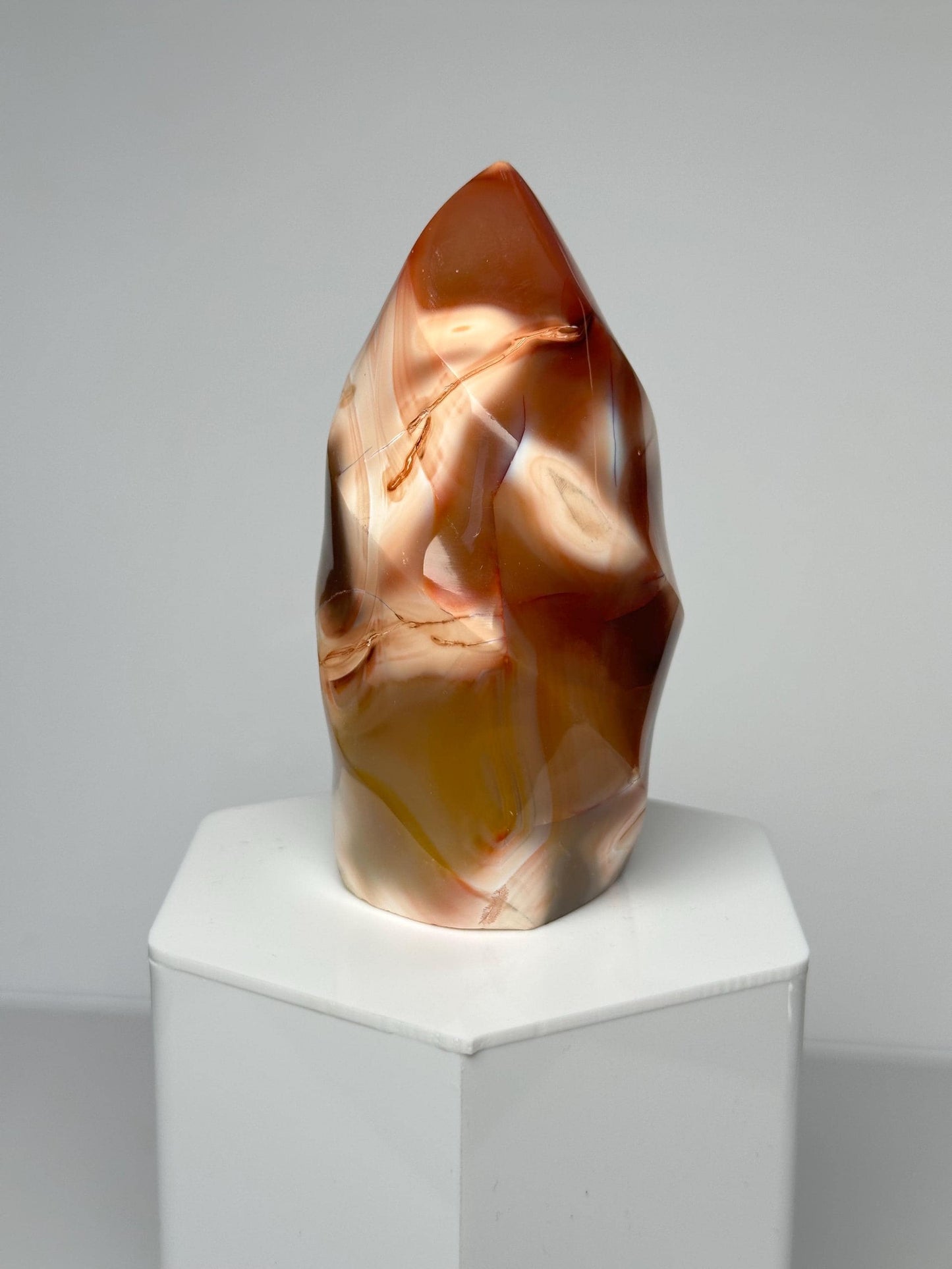 Carnelian Orca Agate Flame | Natural Orange Banded Agate Crystal Flame Carving | Polished Mineral Specimen for Collectors Display Decor