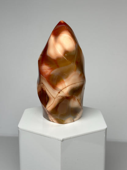 Carnelian Orca Agate Flame | Natural Orange Banded Agate Crystal Flame Carving | Polished Mineral Specimen for Collectors Display Decor