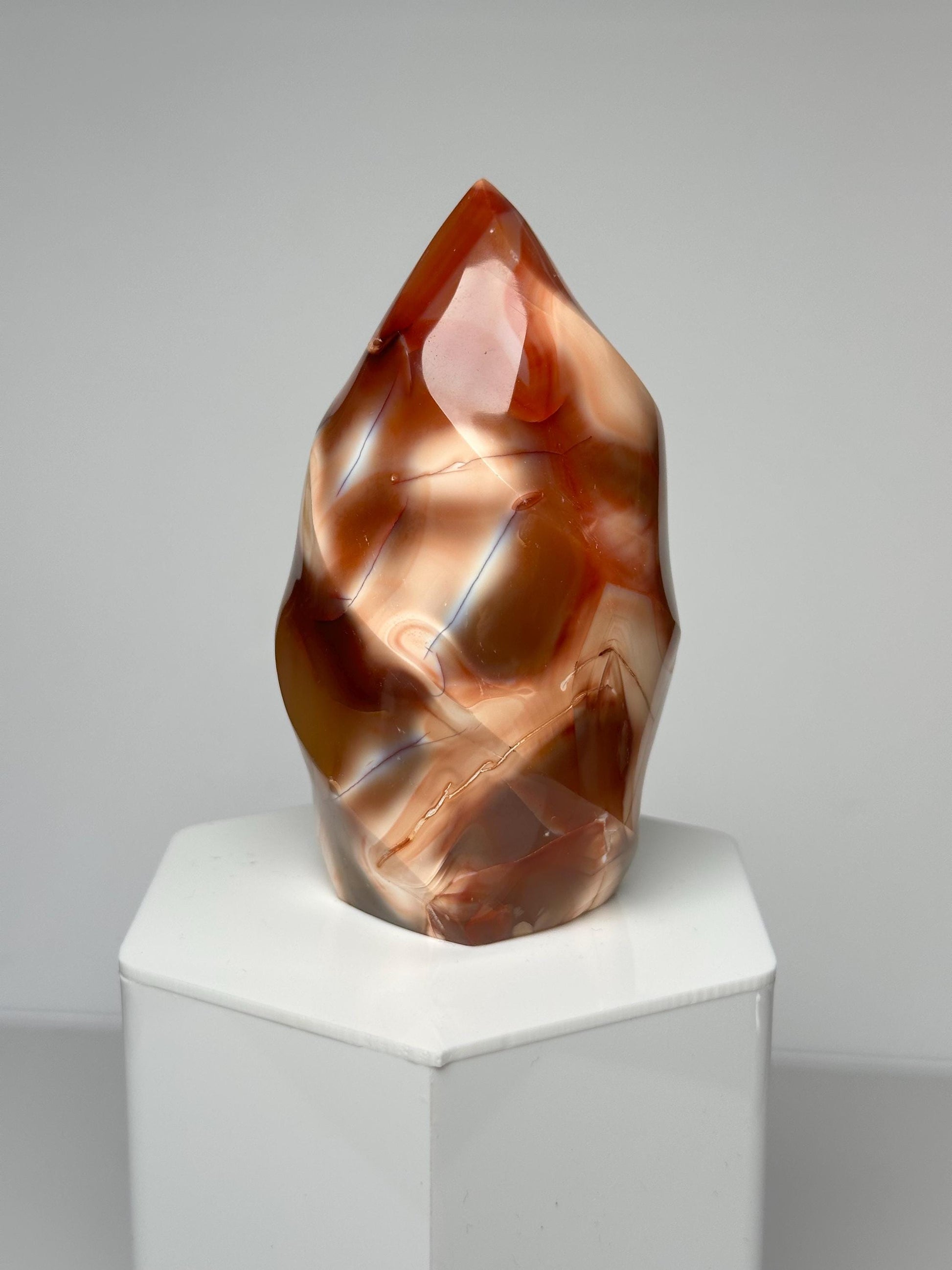 Carnelian Orca Agate Flame | Natural Orange Banded Agate Crystal Flame Carving | Polished Mineral Specimen for Collectors Display Decor