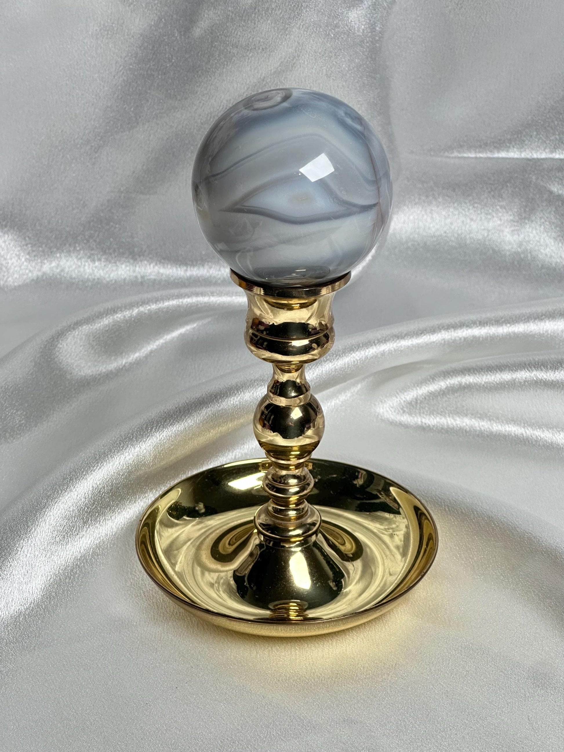 Brass Candle Holder Sphere Stand with Dish | Metal Crystal Ball Holder with Tumble Tray | Decorative Orb Display Base for Collectors Decor