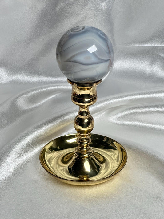 Brass Candle Holder Sphere Stand with Dish | Metal Crystal Ball Holder with Tumble Tray | Decorative Orb Display Base for Collectors Decor