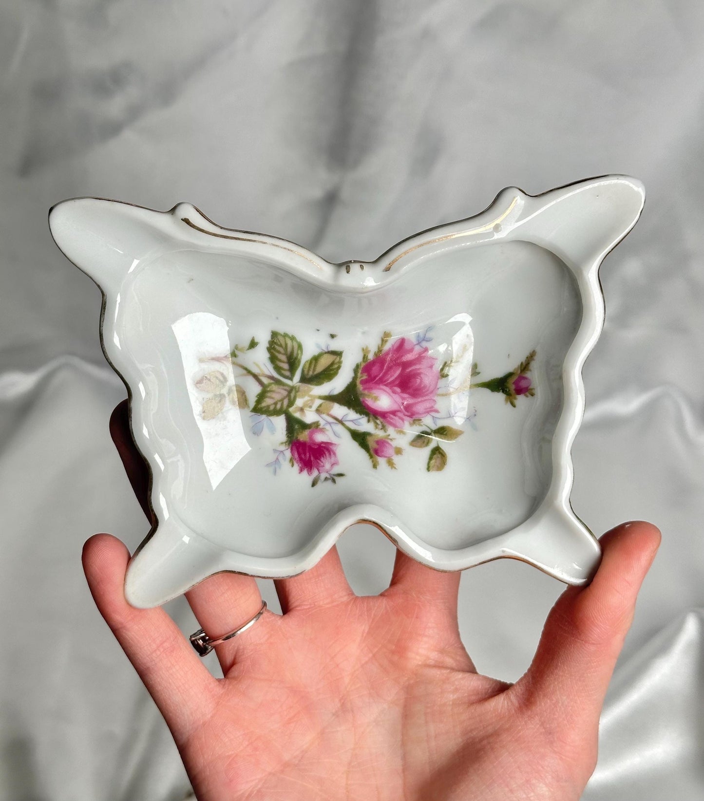 Porcelain Butterfly Dish Floral Pattern | Vintage Ceramic Trinket Tray jewelry Keys Crystals | Decorative Catchall Plate Home Decor Accent