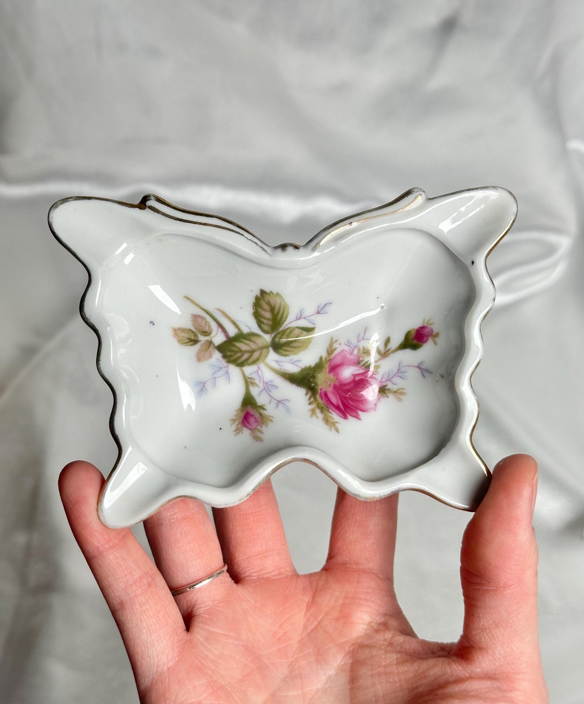 Porcelain Butterfly Dish Floral Pattern | Vintage Ceramic Trinket Tray jewelry Keys Crystals | Decorative Catchall Plate Home Decor Accent