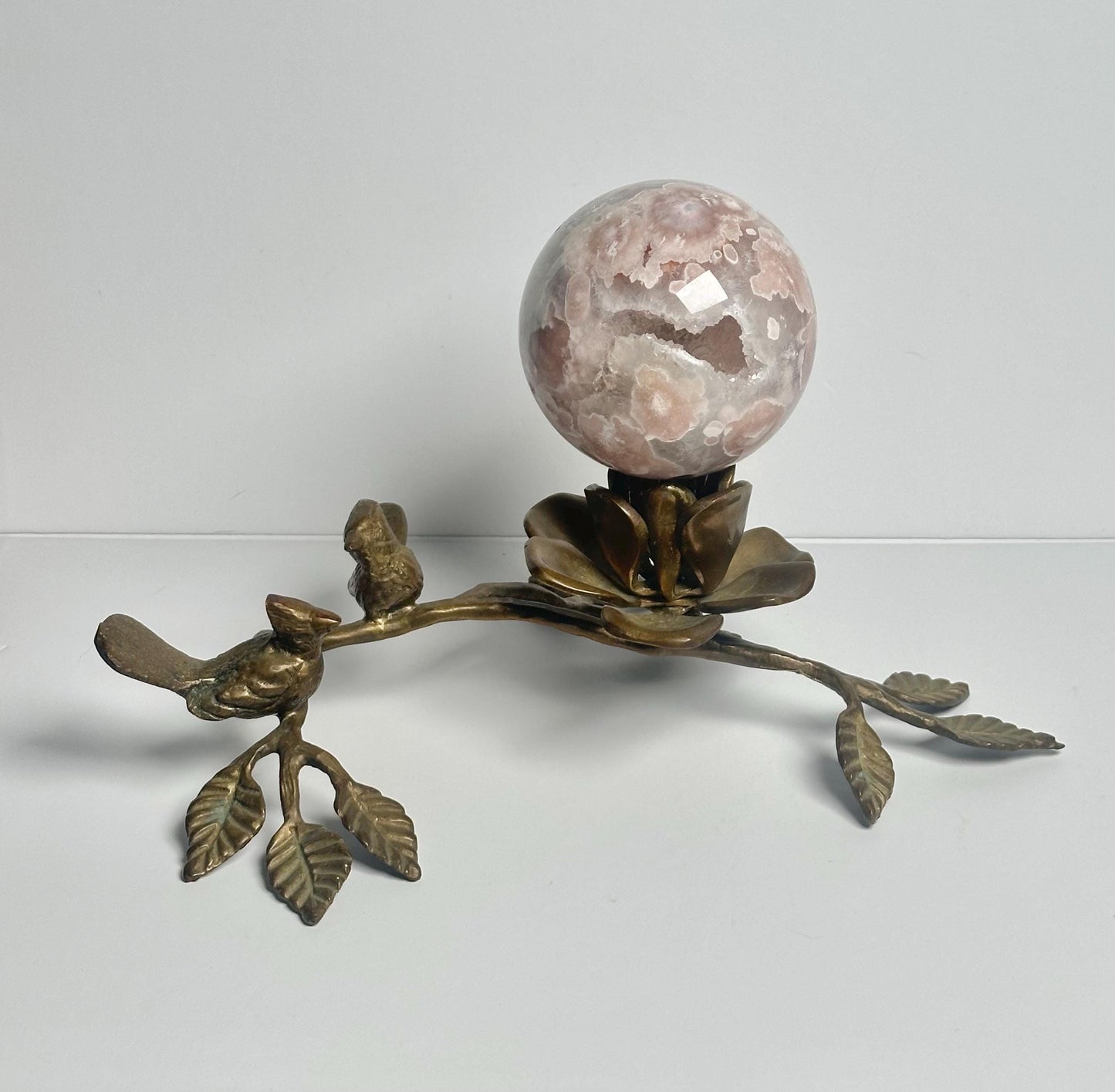 Brass Bird with Flowers Sphere Stand Candle Holder | Metal Crystal Ball Holder | Decorative Orb Display Base for Collectors Decor Accent