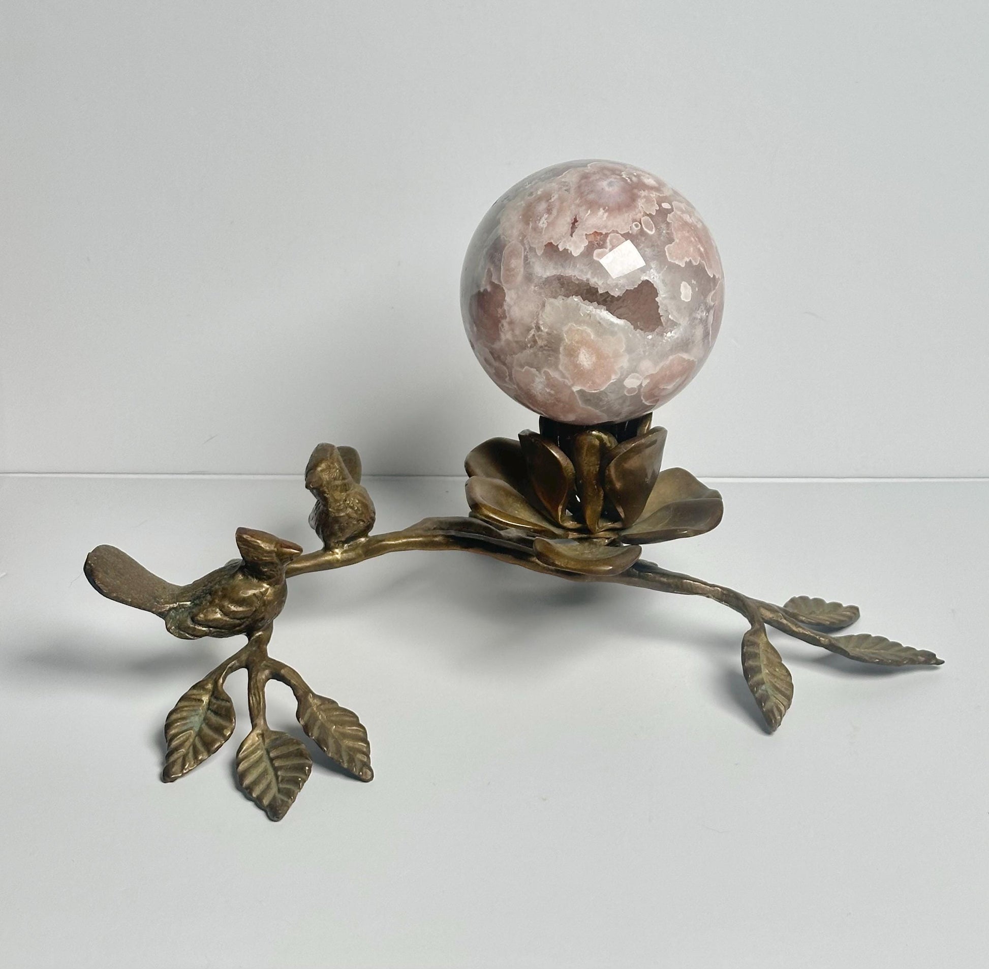 Brass Bird with Flowers Sphere Stand Candle Holder | Metal Crystal Ball Holder | Decorative Orb Display Base for Collectors Decor Accent