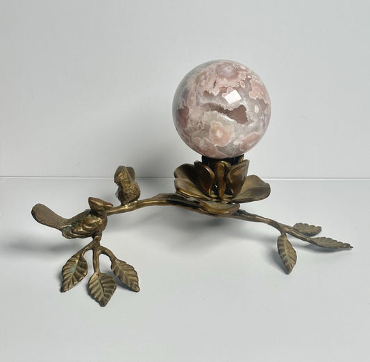 Brass Bird with Flowers Sphere Stand Candle Holder | Metal Crystal Ball Holder | Decorative Orb Display Base for Collectors Decor Accent