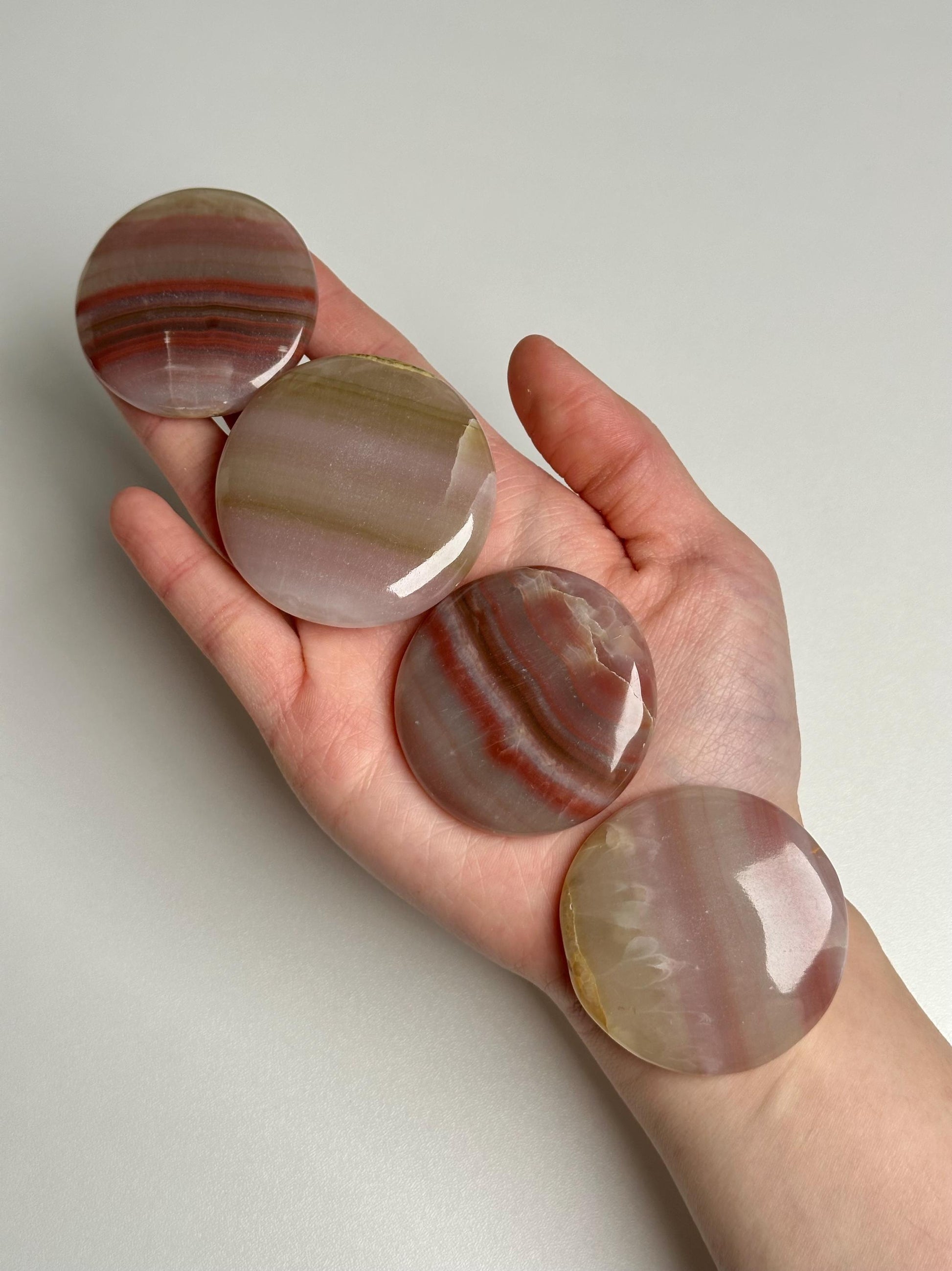 Pink Banded Calcite Palmstone | Natural Pink Calcite Hand Stone | Polished Mineral Specimen for Collectors Display Decor Accent