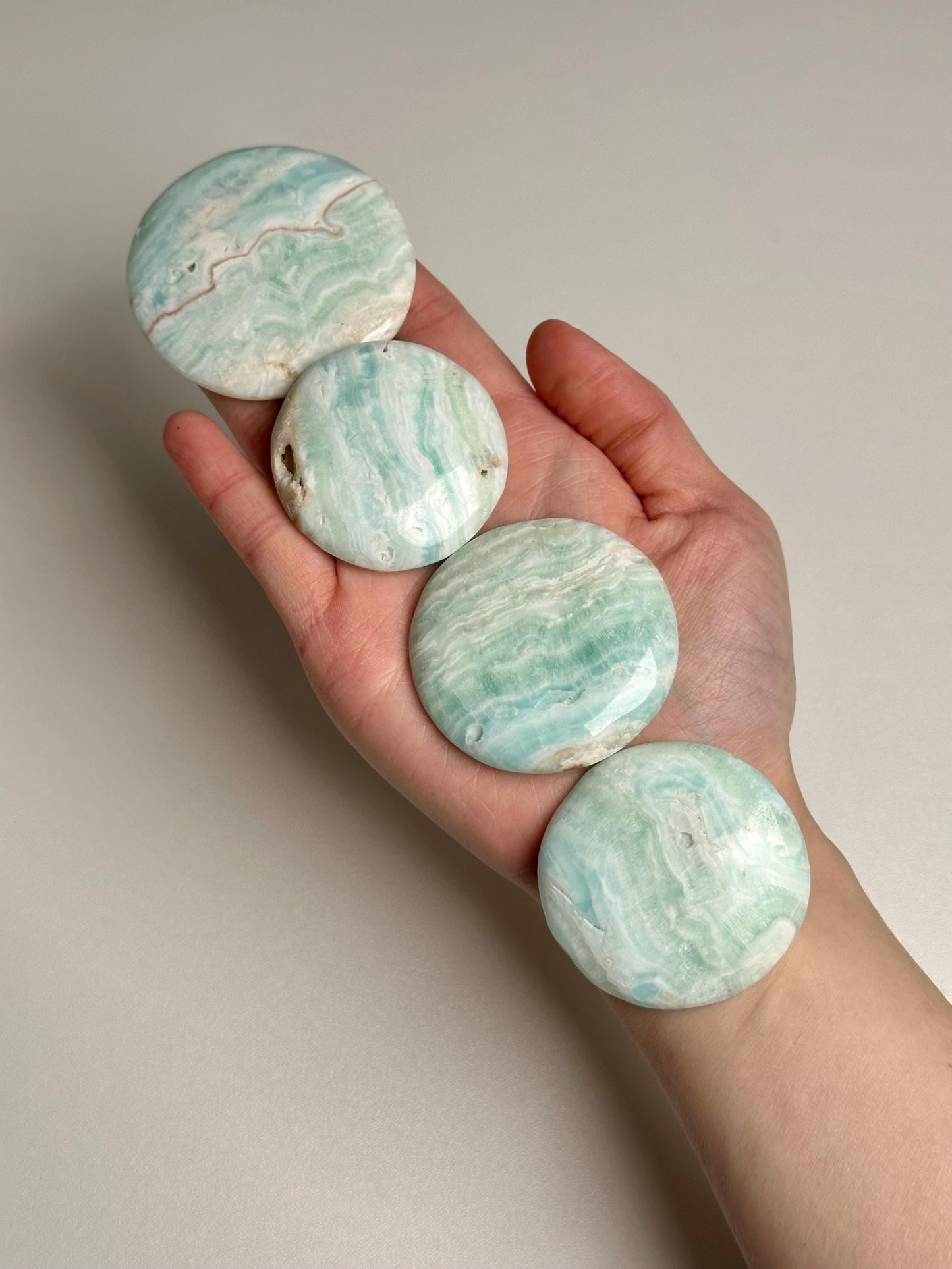 Caribbean Calcite Palmstone | Natural Blue Calcite Aragonite Hand Stone | Polished Mineral Specimen for Collectors Display Decor Accent