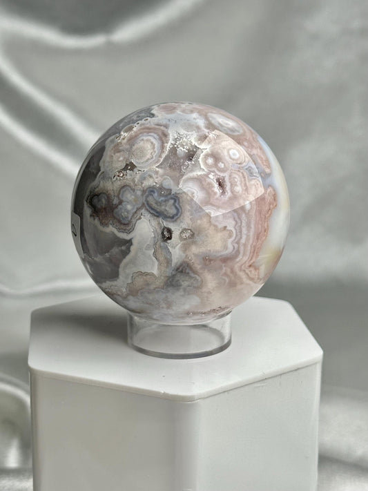 Flower Agate Sphere | Natural Pink Flower Agate Crystal Ball | Polished Mineral Specimen for Collectors Display Decor Accent