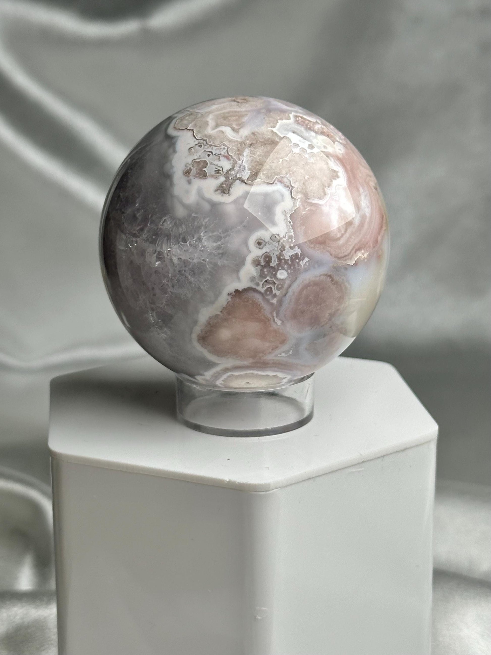 Flower Agate Sphere | Natural Pink Flower Agate Crystal Ball | Polished Mineral Specimen for Collectors Display Decor Accent