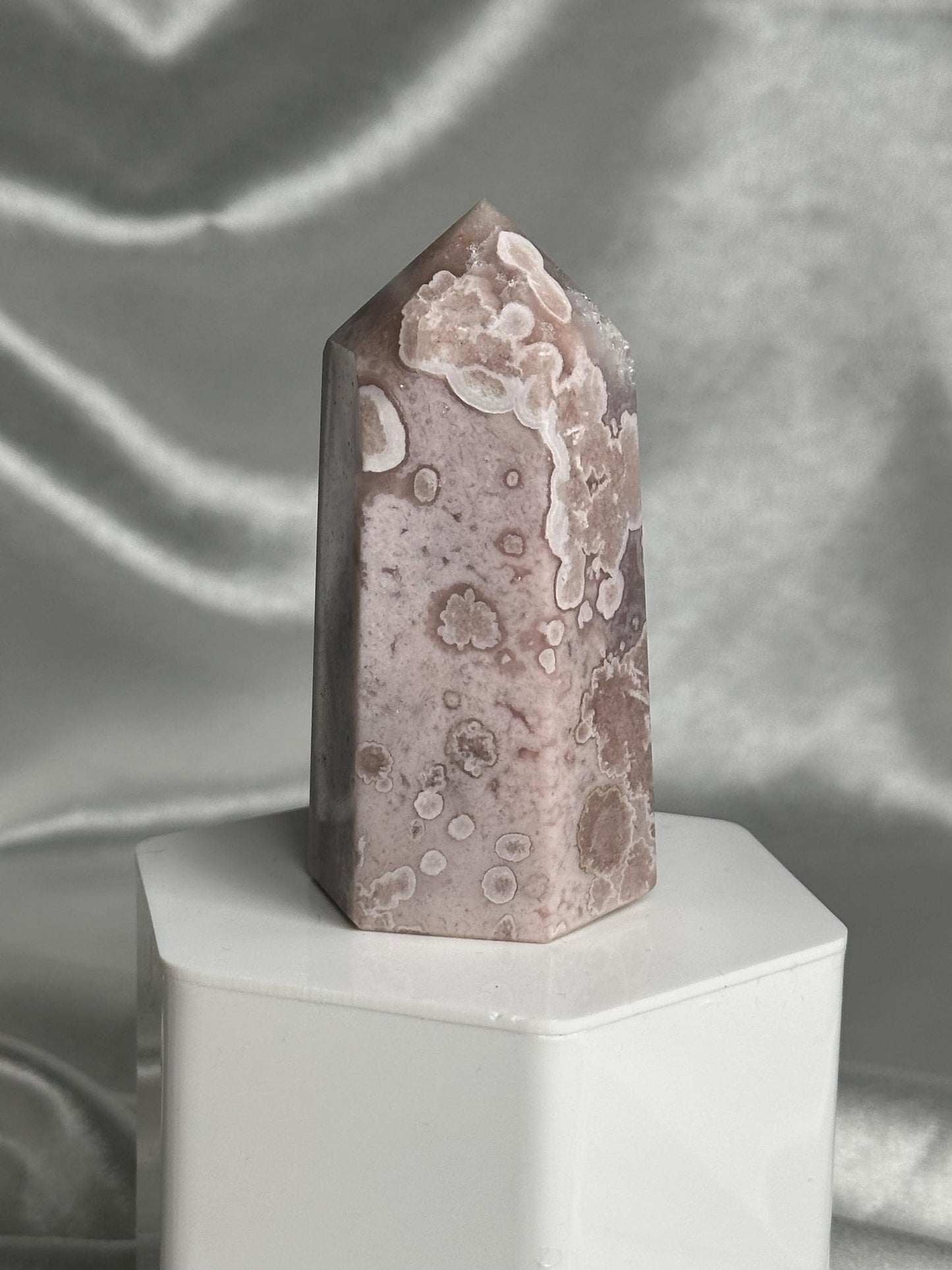 Flower Agate Tower | Natural Pink Flower Agate Crystal Point | Polished Mineral Specimen for Collectors Display Decor Accent