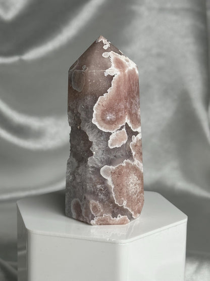 Flower Agate Tower | Natural Pink Flower Agate Crystal Point | Polished Mineral Specimen for Collectors Display Decor Accent