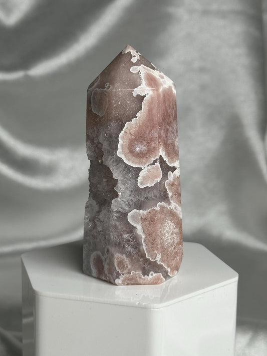 Flower Agate Tower | Natural Pink Flower Agate Crystal Point | Polished Mineral Specimen for Collectors Display Decor Accent