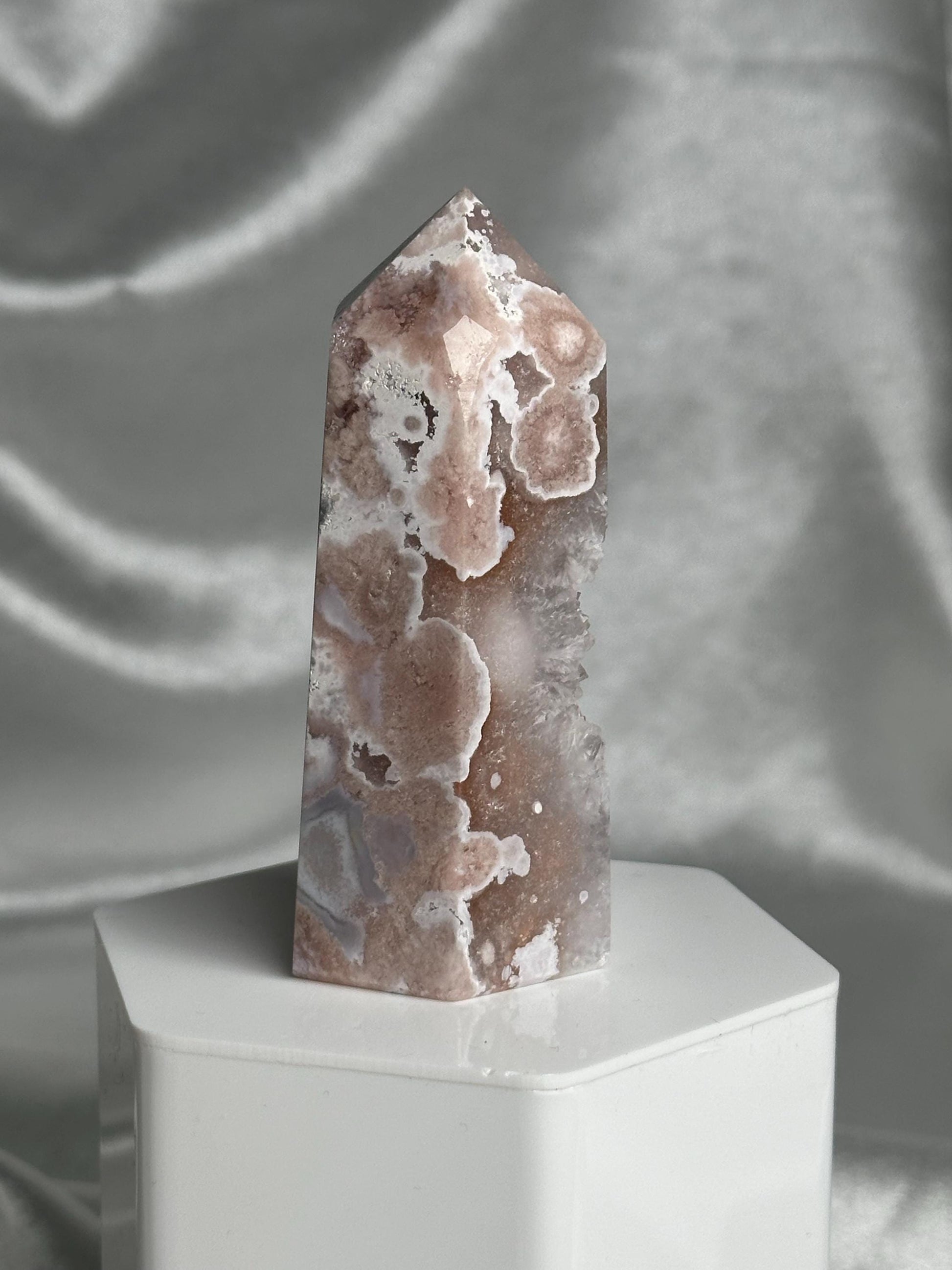 Flower Agate Tower | Natural Pink Flower Agate Crystal Point | Polished Mineral Specimen for Collectors Display Decor Accent