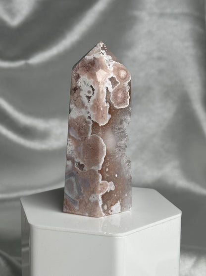 Flower Agate Tower | Natural Pink Flower Agate Crystal Point | Polished Mineral Specimen for Collectors Display Decor Accent