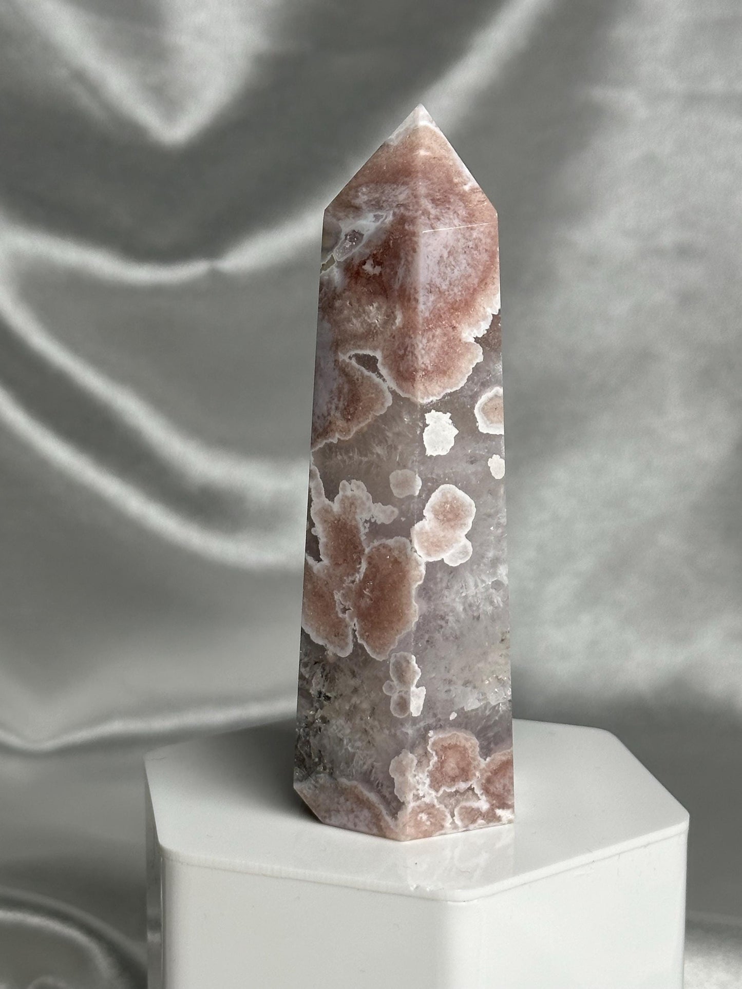Flower Agate Tower | Natural Pink Flower Agate Crystal Point | Polished Mineral Specimen for Collectors Display Decor Accent