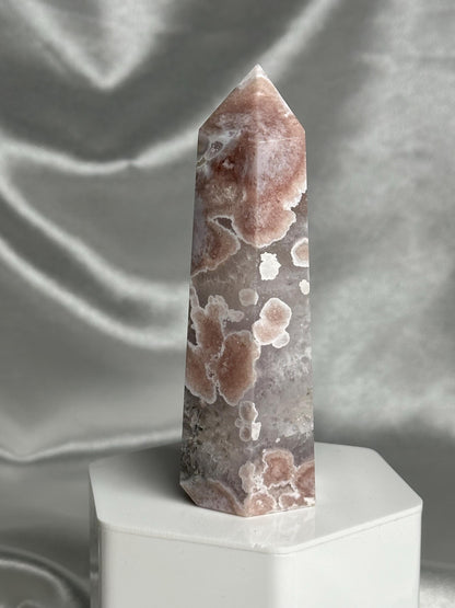 Flower Agate Tower | Natural Pink Flower Agate Crystal Point | Polished Mineral Specimen for Collectors Display Decor Accent