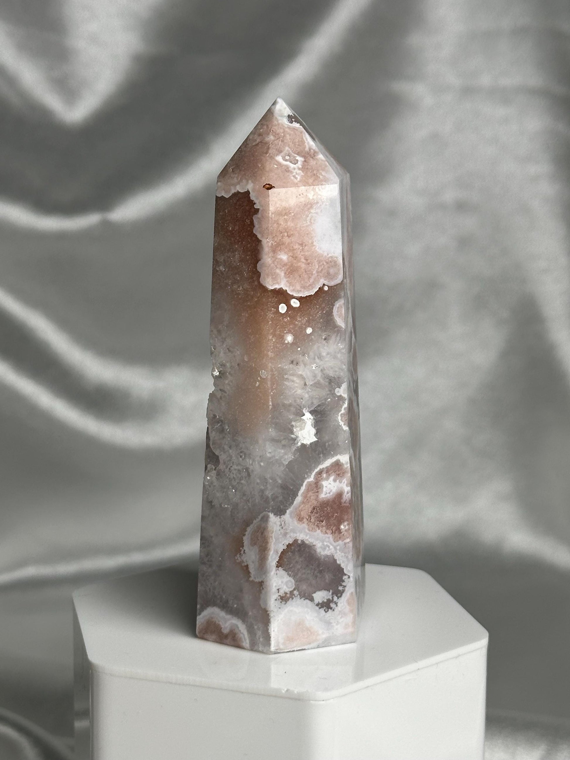 Flower Agate Tower | Natural Pink Flower Agate Crystal Point | Polished Mineral Specimen for Collectors Display Decor Accent