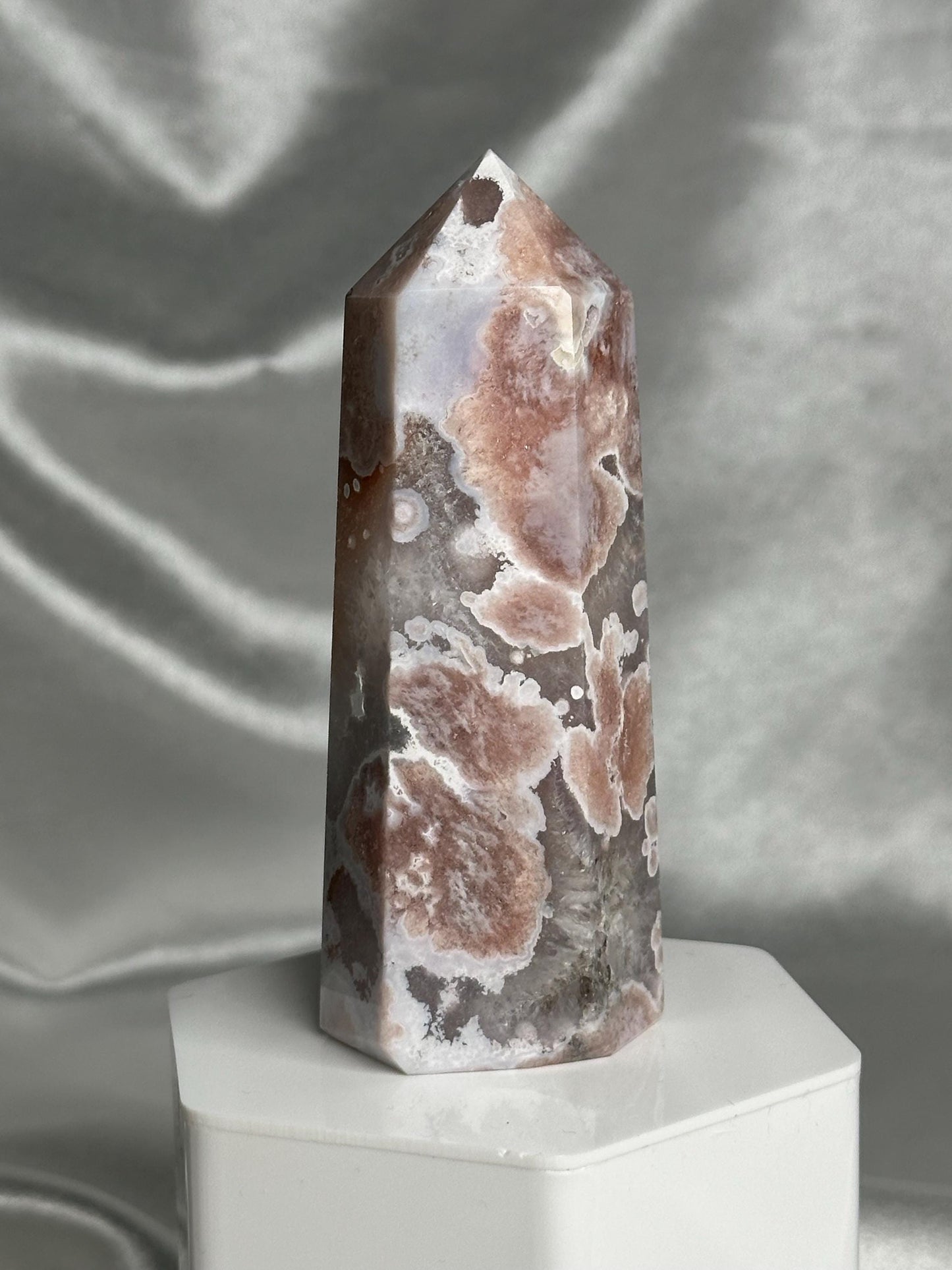Flower Agate Tower | Natural Pink Flower Agate Crystal Point | Polished Mineral Specimen for Collectors Display Decor Accent