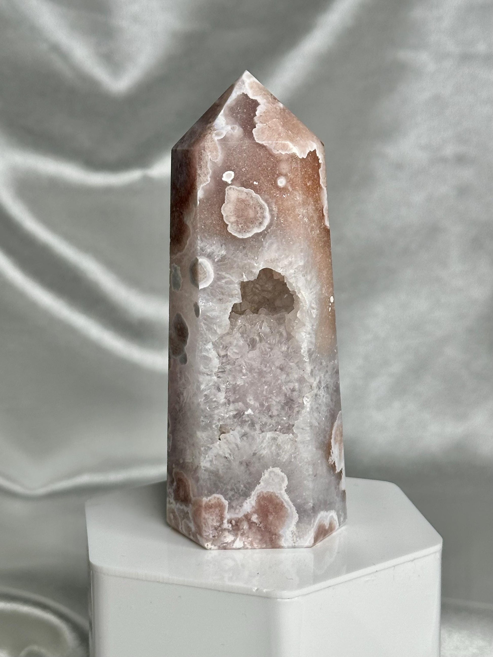 Flower Agate Tower | Natural Pink Flower Agate Crystal Point | Polished Mineral Specimen for Collectors Display Decor Accent