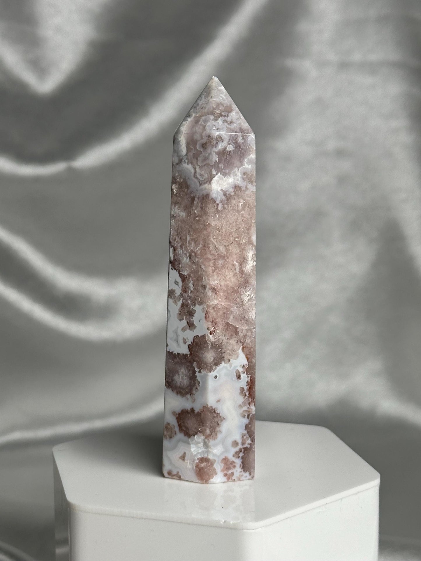 Flower Agate Tower | Natural Pink Flower Agate Crystal Point | Polished Mineral Specimen for Collectors Display Decor Accent