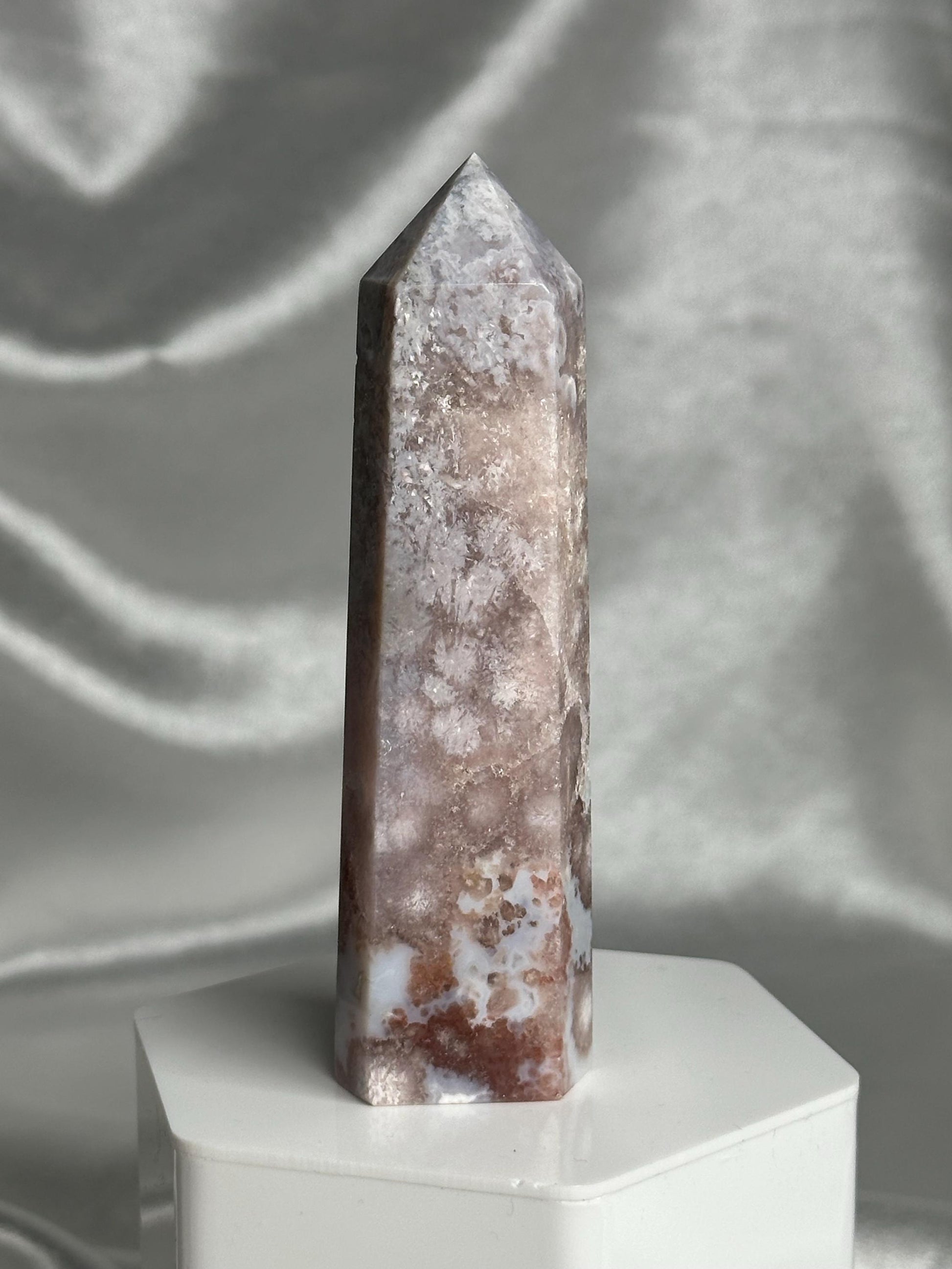 Flower Agate Tower | Natural Pink Flower Agate Crystal Point | Polished Mineral Specimen for Collectors Display Decor Accent