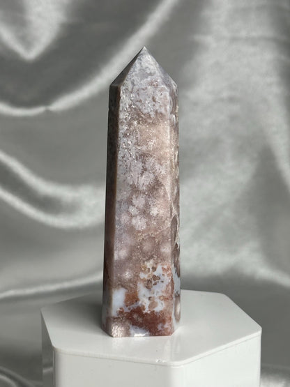 Flower Agate Tower | Natural Pink Flower Agate Crystal Point | Polished Mineral Specimen for Collectors Display Decor Accent