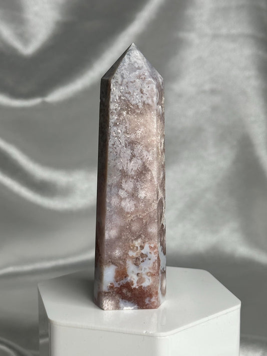 Flower Agate Tower | Natural Pink Flower Agate Crystal Point | Polished Mineral Specimen for Collectors Display Decor Accent