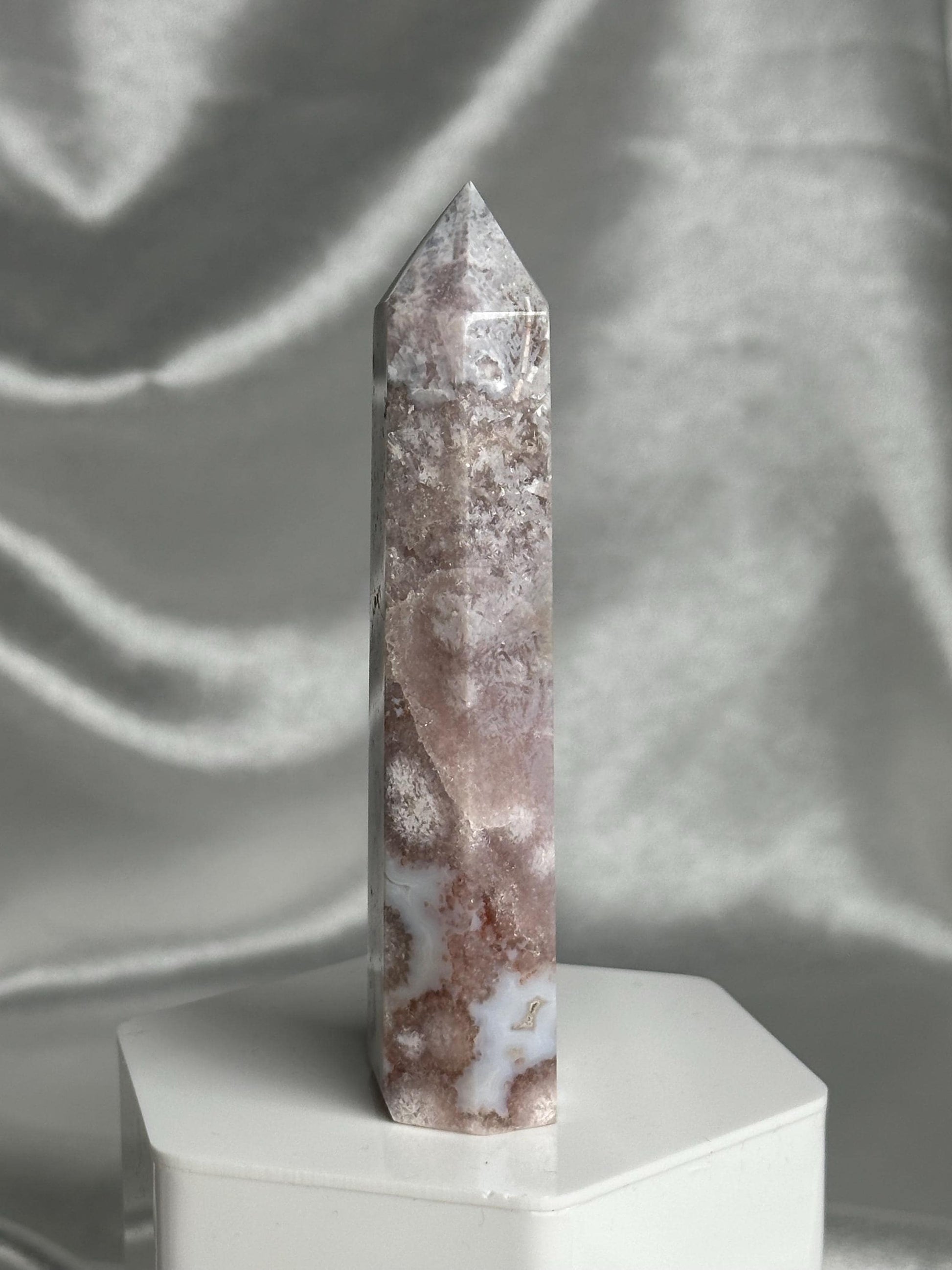 Flower Agate Tower | Natural Pink Flower Agate Crystal Point | Polished Mineral Specimen for Collectors Display Decor Accent