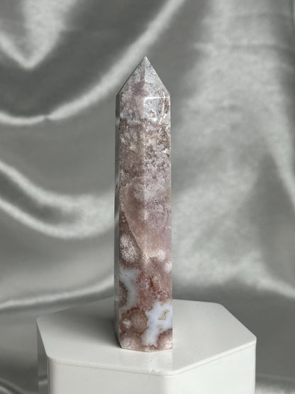 Flower Agate Tower | Natural Pink Flower Agate Crystal Point | Polished Mineral Specimen for Collectors Display Decor Accent