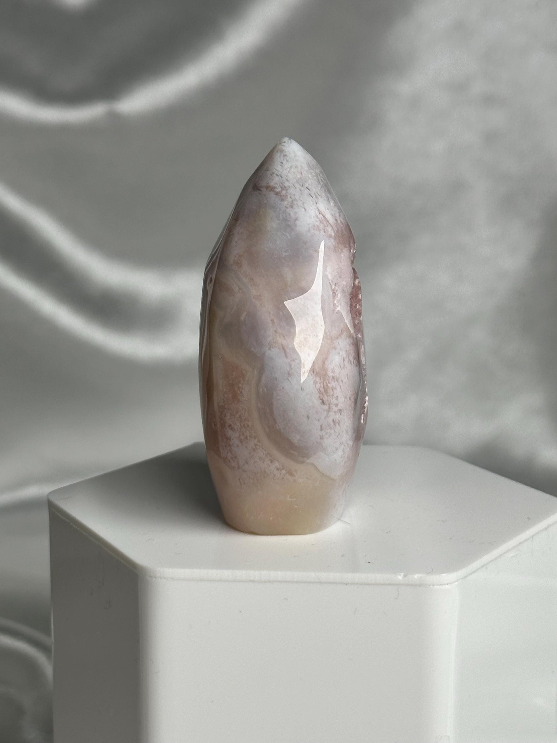 Flower Agate Flame | Natural Pink Flower Agate Crystal Flame Carving | Polished Mineral Specimen for Collectors Display Decor Accent