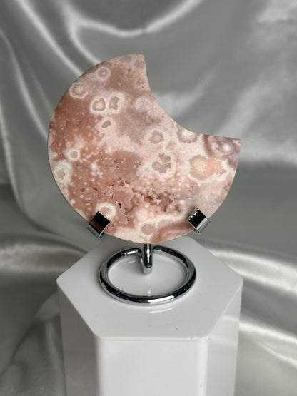 Pink Amethyst Flower Agate Moon | Natural Quartz Agate Crystal Moon Carving | Polished Mineral Specimen for Collectors Display Decor Accent
