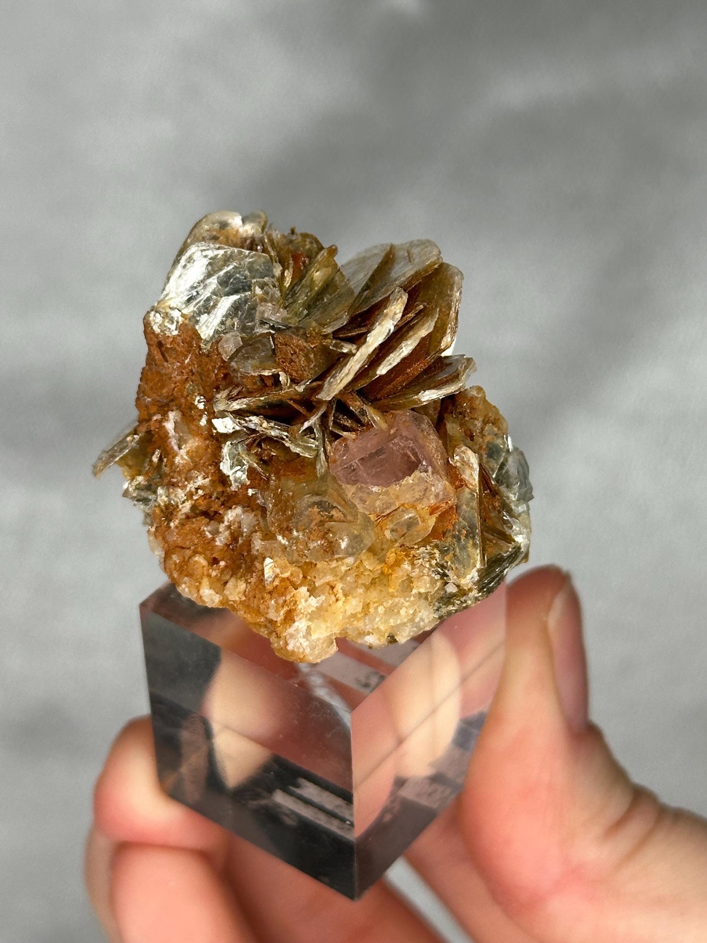 May include: A mineral specimen featuring a cluster of layered, translucent, silvery-gold mica flakes atop a rough, brown matrix. A small, pinkish crystal is visible within the cluster. The mineral is mounted on a clear, square acrylic base.