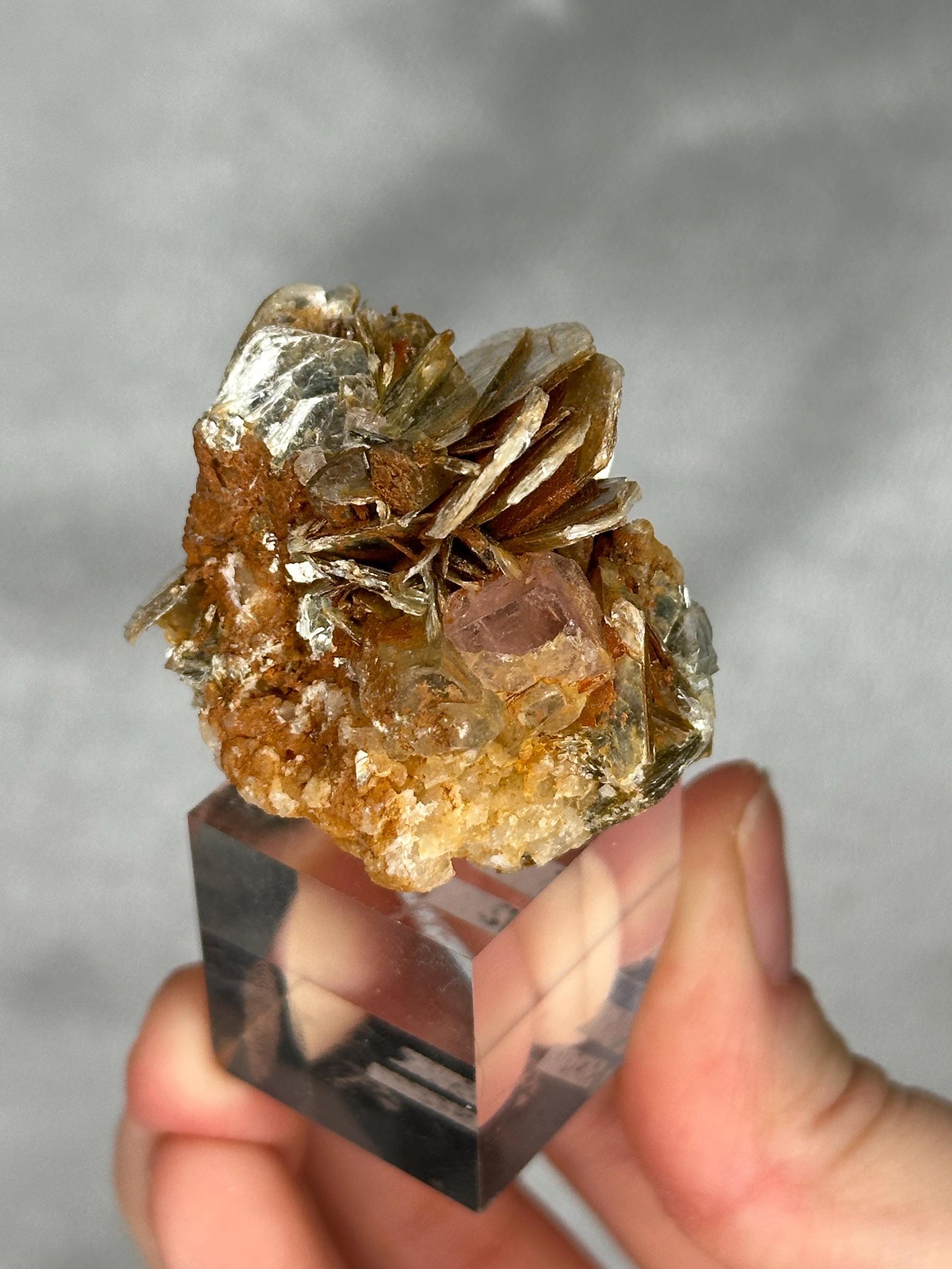 May include: A mineral specimen featuring a cluster of layered, translucent, silvery-gold mica flakes atop a rough, brown matrix. A small, pinkish crystal is visible within the cluster. The mineral is mounted on a clear, square acrylic base.