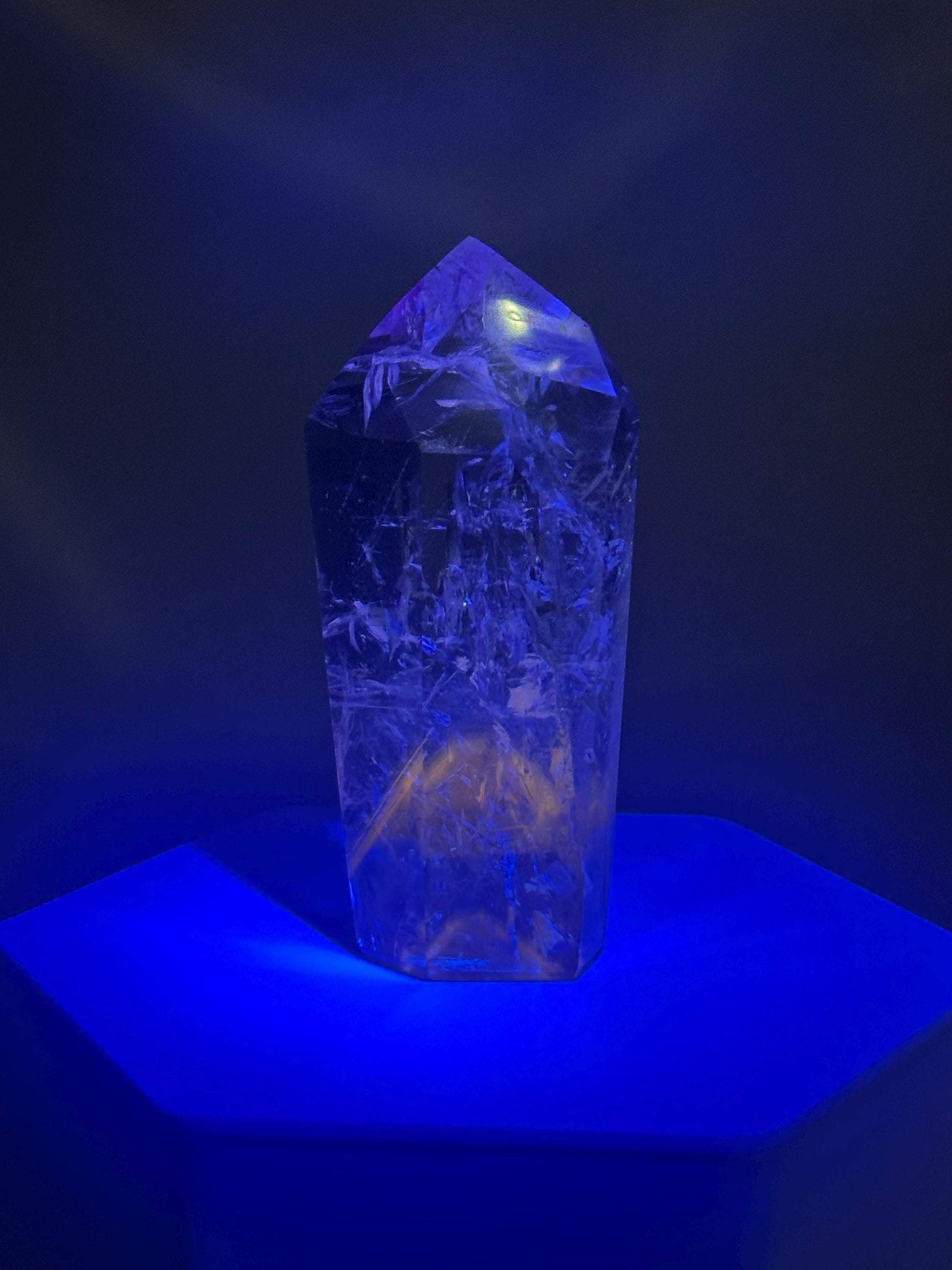 Powellite Tower UV Reactive | Natural Powellite Crystal Point | Fluorescent Mineral Specimen for Collectors Display Decor Accent
