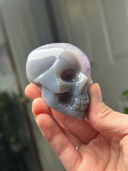 Amethyst Agate Skull | Natural Purple Quartz Agate Crystal Skull Carving | Polished Mineral Specimen for Collectors Display Decor Accent