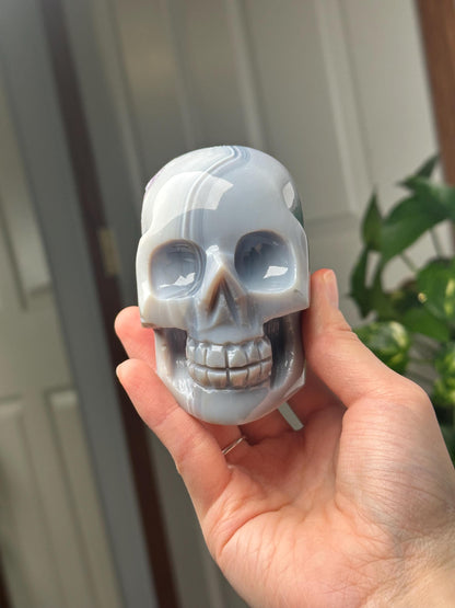 Amethyst Agate Skull | Natural Purple Quartz Agate Crystal Skull Carving | Polished Mineral Specimen for Collectors Display Decor Accent