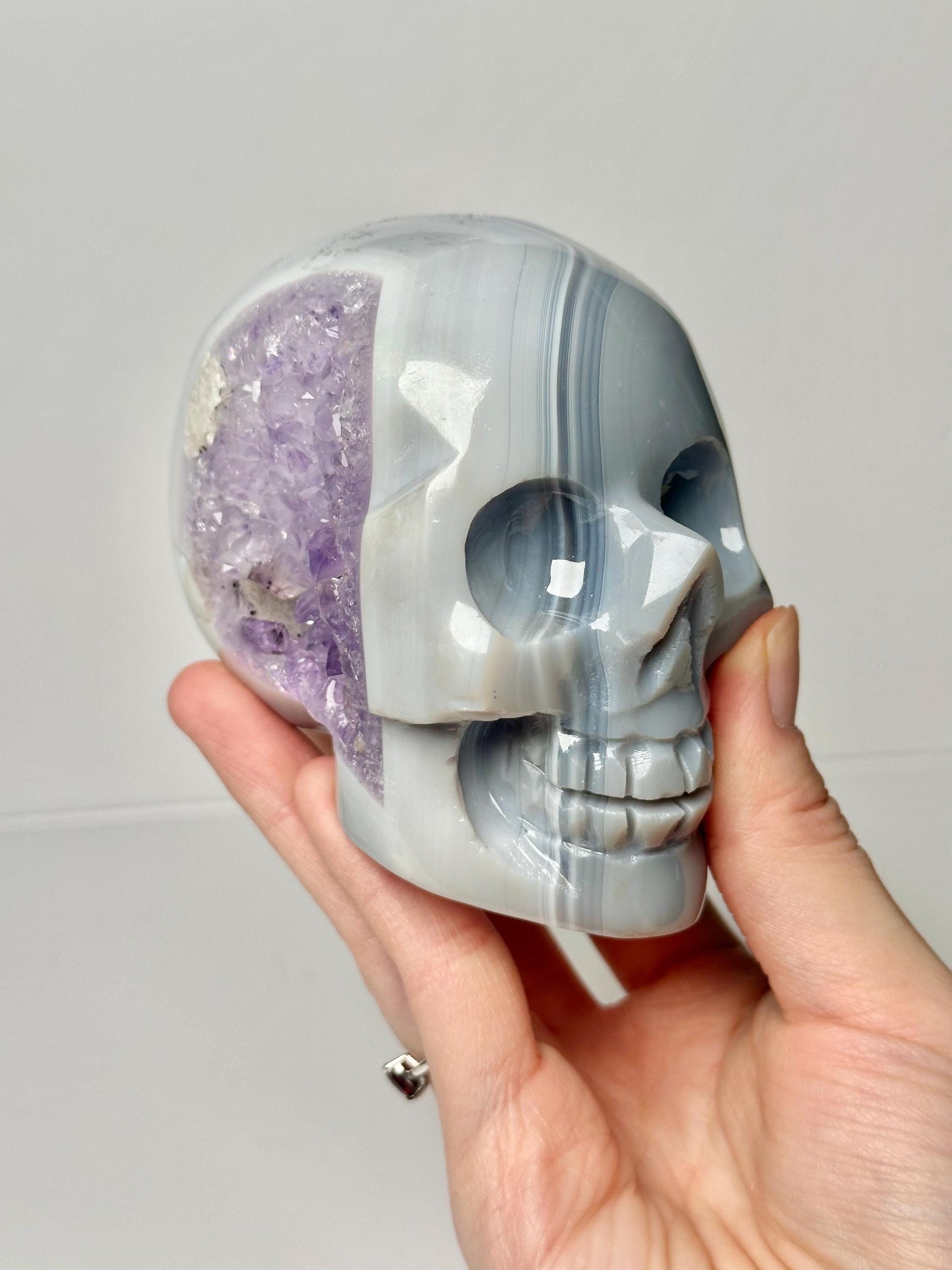 Amethyst Agate Skull | Natural Purple Quartz Agate Crystal Skull Carving | Polished Mineral Specimen for Collectors Display Decor Accent