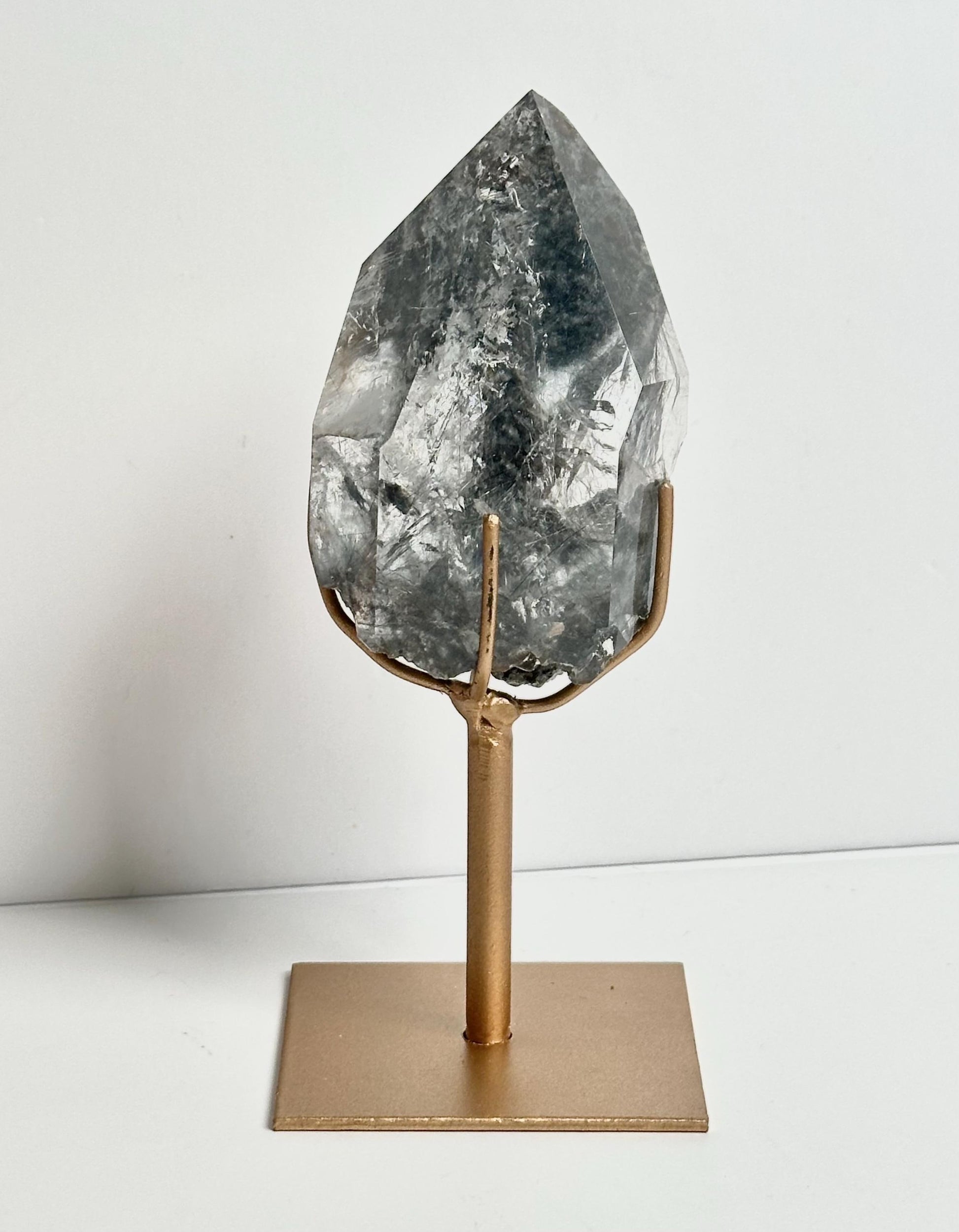 Blue Tara Indicolite Rutile in Quartz Freeform with Stand | Natural Blue Rutile Included Quartz Sculpture | Mineral Specimen Display