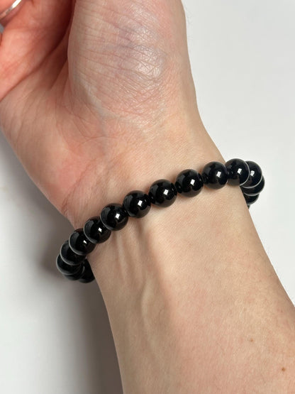 Black Tourmaline Bracelet | Natural Black Beaded Jewelry | Polished Gemstone Bracelet Collectors Fashion Wear Protective Gift Accent