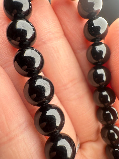 Black Tourmaline Bracelet | Natural Black Beaded Jewelry | Polished Gemstone Bracelet Collectors Fashion Wear Protective Gift Accent
