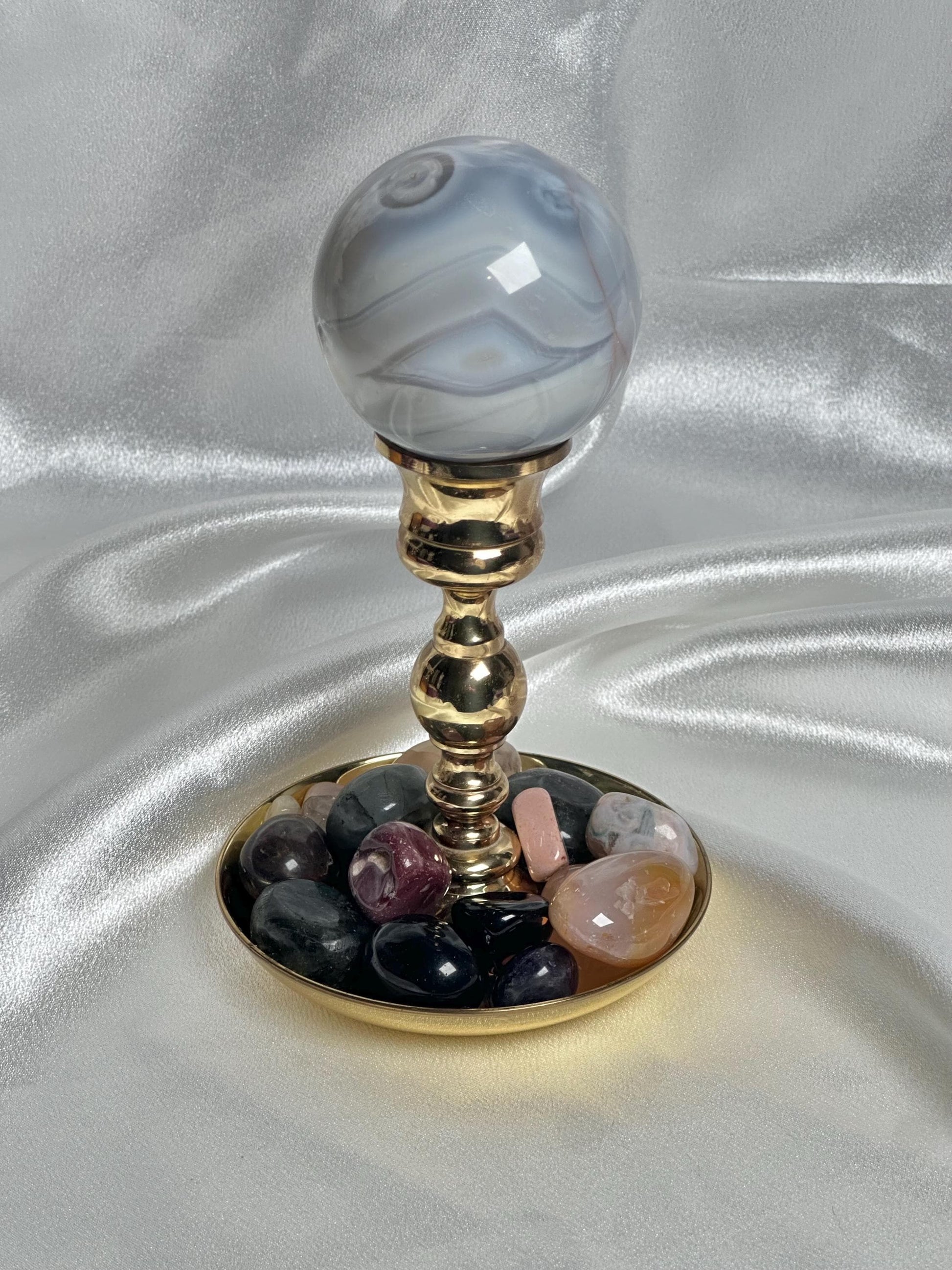 Brass Candle Holder Sphere Stand with Dish | Metal Crystal Ball Holder with Tumble Tray | Decorative Orb Display Base for Collectors Decor