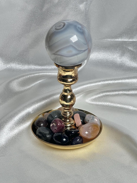 Brass Candle Holder Sphere Stand with Dish | Metal Crystal Ball Holder with Tumble Tray | Decorative Orb Display Base for Collectors Decor
