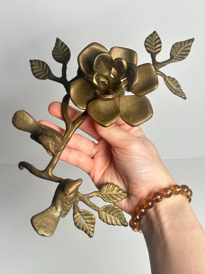 Brass Bird with Flowers Sphere Stand Candle Holder | Metal Crystal Ball Holder | Decorative Orb Display Base for Collectors Decor Accent