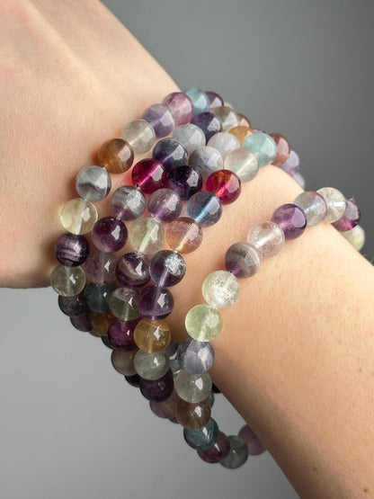 Rainbow Fluorite Bracelet | Natural Multicolor Fluorite Beaded Jewelry | Polished Gemstone Bracelet for Collectors Fashion Wear Gift Accent